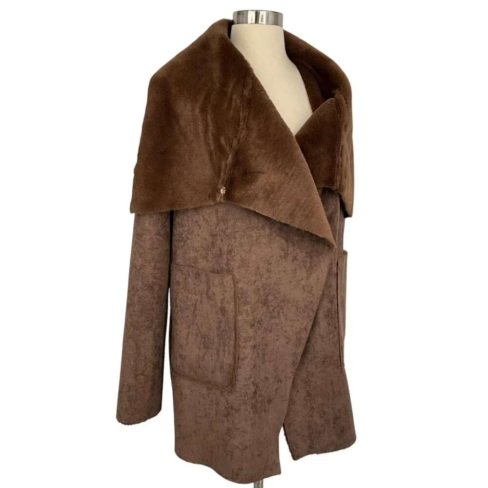 Lauren Ralph Lauren Coat Womens Large Brown Faux Shearling Fleece Drape Collar - Picture 6 of 14